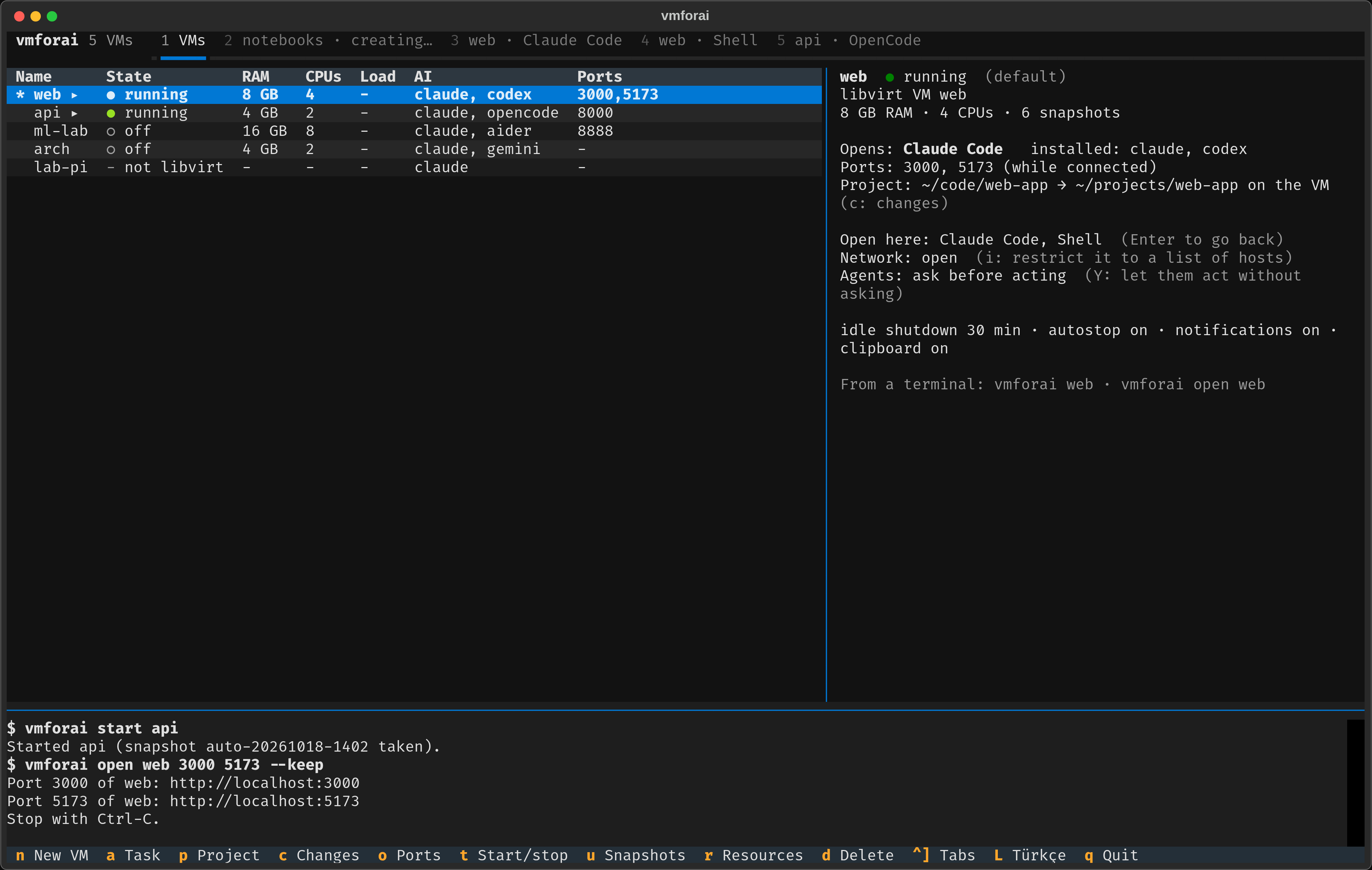 vmforai ui: the VM list with details